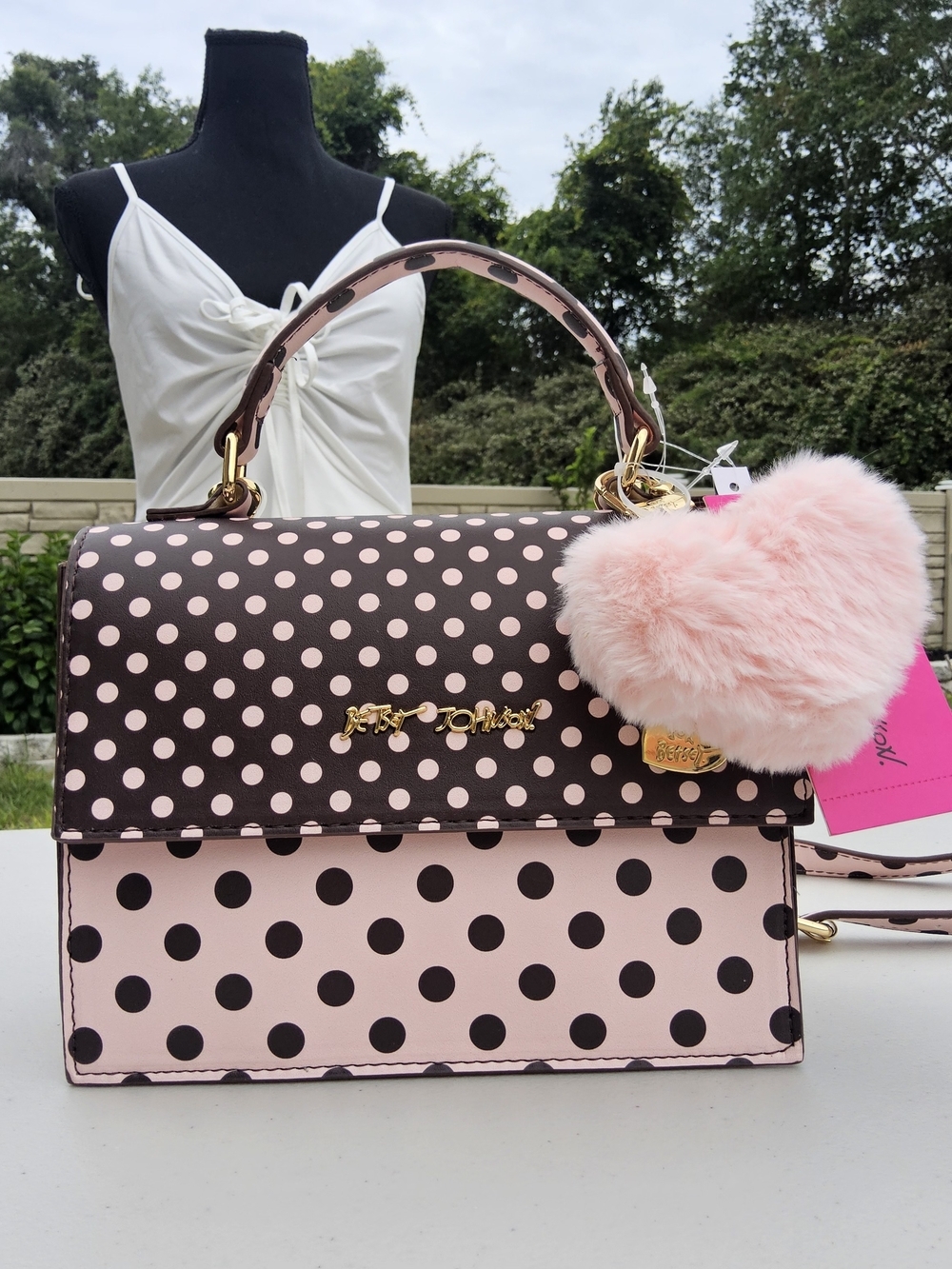 NWT- Betsey Johnson Pink & Brown Polka Dot Top-Handle Satchel with Pink Pom
